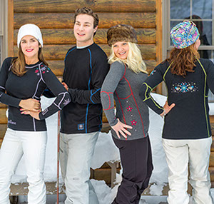 Friends wearing snöVana ski apparel